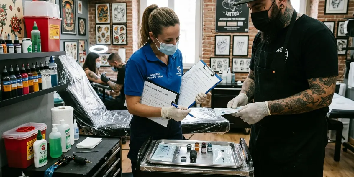 Inspector de Sanidad revisando el plan APPCC de un estudio de tatuaje durante una inspección en la Comunitat Valenciana