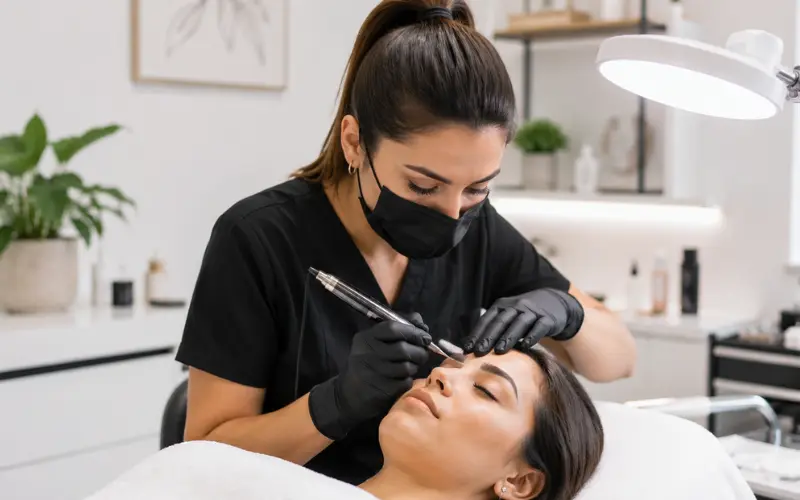 Especialista en microblading trabajando en gabinete con protocolos de higiene