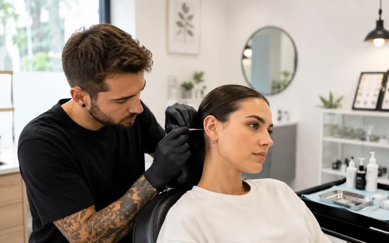 Piercer profesional trabajando con equipamiento estéril y protocolos de higiene