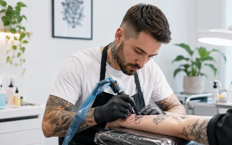 Tatuador profesional trabajando en estudio con equipamiento higiénico certificado